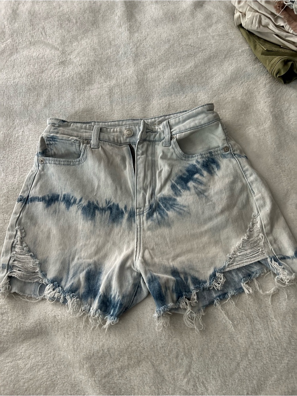 American Eagle Outfitters High-Waist Light Blue Tie-Dye Distressed Denim Shorts